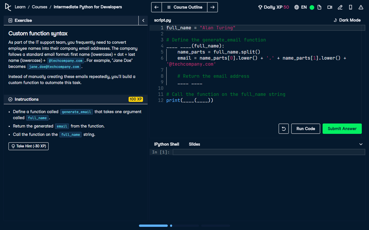 DataCamp coding exercise page in dark mode