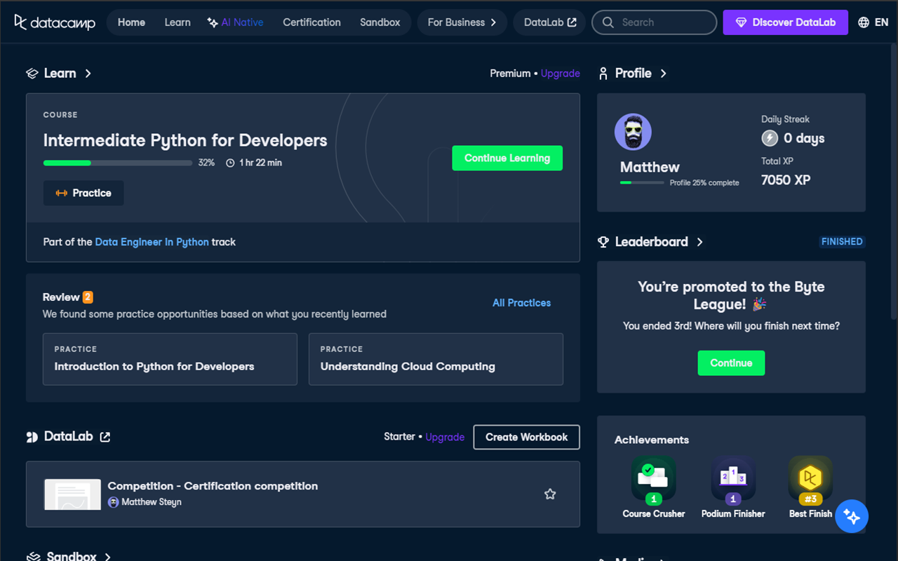 DataCamp Dark Mode popup with dark mode enabled