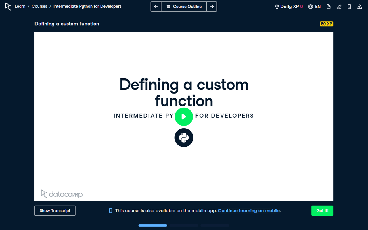 Extension popup on a video course page in dark mode