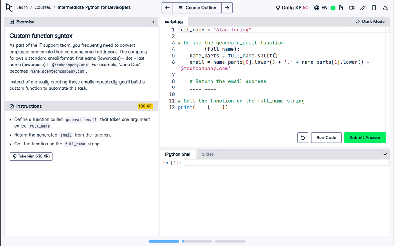 DataCamp coding exercise page in light mode